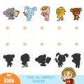 Find the correct shadow, education game. Set of cartoon animals