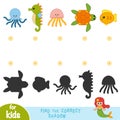 Find the correct shadow, education game. Set of sea animals