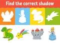 Find the correct shadow. Education worksheet. Matching game for kids. Fairytale theme. Color activity page. Puzzle for children. Royalty Free Stock Photo