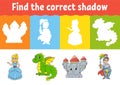 Find the correct shadow. Education worksheet. Matching game for kids. Fairytale theme. Color activity page. Puzzle for children. Royalty Free Stock Photo