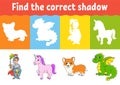 Find the correct shadow. Education worksheet. Matching game for kids. Fairytale theme. Color activity page. Puzzle for children. Royalty Free Stock Photo