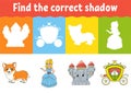 Find the correct shadow. Education worksheet. Matching game for kids. Fairytale theme. Color activity page. Puzzle for children. Royalty Free Stock Photo