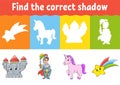 Find the correct shadow. Education worksheet. Matching game for kids. Fairytale theme. Color activity page. Puzzle for children. Royalty Free Stock Photo