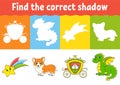 Find the correct shadow. Education worksheet. Matching game for kids. Fairytale theme. Color activity page. Puzzle for children. Royalty Free Stock Photo