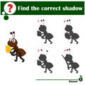 Find the correct shadow. Educational game for children. Cute ant carrying a leaf Royalty Free Stock Photo