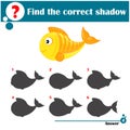 Find the correct shadow. Educational game for children. Cute goldfish