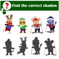 Find the correct shadow. Educational game for children. Cute skate and ski animals tiger, deer, mouse, cat Royalty Free Stock Photo