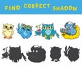 Find the correct shadow educational game for kids with owls. Vector colorful activity
