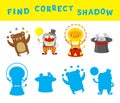 Find the correct shadow educational game for kids. Vector activity template with circus characters Royalty Free Stock Photo