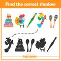 Find the correct shadow. Educational matching game for children. Collection of kids musical toys Royalty Free Stock Photo