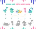 Find the Correct Shadow, Educational Matching Game for Kids with Cute Dinosaurs Vector illustration Royalty Free Stock Photo
