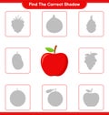 Find the correct shadow. Find and match the correct shadow of Apple. Educational children game, printable worksheet, vector Royalty Free Stock Photo