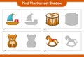 Find the correct shadow. Find and match the correct shadow of Boat, Drum, Teddy Bear, and Rocking Horse. Educational children game