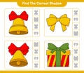 Find the correct shadow. Find and match the correct shadow of Christmas Bell, Ribbon, and Gift Box. Educational children game, Royalty Free Stock Photo