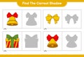Find the correct shadow. Find and match the correct shadow of Christmas Bell, Ribbon, and Gift Box. Educational children game, Royalty Free Stock Photo