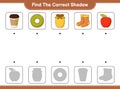 Find the correct shadow. Find and match the correct shadow of Donut, Jam, Socks, Apple, Teacup. Educational children game,