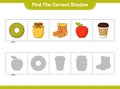Find the correct shadow. Find and match the correct shadow of Donut, Jam, Socks, Apple, Teacup. Educational children game,