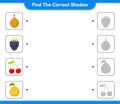 Find the correct shadow. Find and match the correct shadow of Fruits. Educational children game, printable worksheet, vector Royalty Free Stock Photo