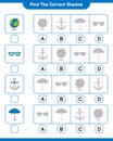 Find the correct shadow. Find and match the correct shadow of Globe, Sunglasses, Umbrella, and Anchor. Educational children game,