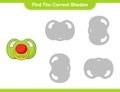 Find the correct shadow. Find and match the correct shadow of Pacifier. Educational children game, printable worksheet, vector Royalty Free Stock Photo