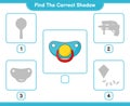 Find the correct shadow. Find and match the correct shadow of Pacifier. Educational children game, printable worksheet, vector Royalty Free Stock Photo