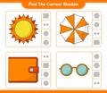 Find the correct shadow. Find and match the correct shadow of Sun, Umbrella, Wallet, and Sunglasses. Educational children game,