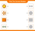 Find the correct shadow. Find and match the correct shadow of Sun, Umbrella, Wallet, and Sunglasses. Educational children game,