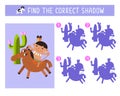 Find the correct shadow. Funny Red Indian boy rides horse. Game for children. Activity, vector illustration. Royalty Free Stock Photo