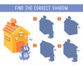 Find the correct shadow. Game for children. Activity, color vector illustration. Cute cat near house.