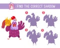 Find correct shadow. Game for children. Activity, vector illustration. Cute rooster in outfit sings.