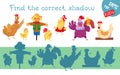 Find correct shadow. Game for children. Activity, vector illustration. Family of chickens with rooster, chicks and farm Royalty Free Stock Photo