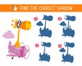 Find correct shadow. Game for children. Activity, vector illustration. Giraffe in helicopter.