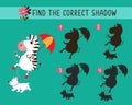 Find correct shadow. Game for children. Activity, vector illustration. Zebra city with dog.