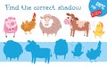 Find correct shadow. Game for children. Farm animals in cartoon style. Activity, vector illustration. Royalty Free Stock Photo