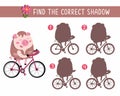 Find correct shadow. Game for children. Laughing cute pig on bike. Activity, vector illustration.