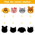 Find the correct shadow, game for children. Set of cartoon animals Royalty Free Stock Photo