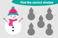 Find the correct shadow, game for children, snowman in cartoon style, education game for kids, preschool worksheet activity, task
