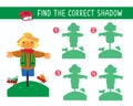 Find correct shadow. Game for children. Vector illustration. Cute cheerful scarecrow stands in field among insects. Royalty Free Stock Photo