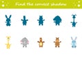 Find the correct shadow. Giraffe, elephant, bear, horse, rabbit. Education worksheet. Matching game for kids. Puzzle for children Royalty Free Stock Photo