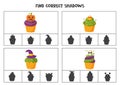 Find the correct shadows of cartoon Halloween cupcakes. Clip cards for preschool kids.