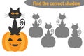 Find the correct shadow, halloween game for children, cartoon cat and pumpkin, education game for kids, preschool worksheet activi Royalty Free Stock Photo