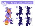 Find the correct shadow. Happy Halloween. Girl eating sweets. Game for children. Activity, vector. Royalty Free Stock Photo