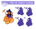 Find the correct shadow. Happy Halloween. Witch and pumpkins. Game for children. Activity, vector. Royalty Free Stock Photo