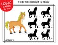 Find the correct shadow Horse. Task with answer. Cute cartoon Pony. Learning matching game for child with fun animal. Logic Games