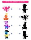 Find the correct shadow. Kids educational game. Cartoon animal: lobster, frog, wolf, zebra.