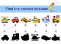 Find correct shadow. Kids educational game. Cartoon transport. Car, submarine, ship, plane, train, helicopter Royalty Free Stock Photo