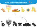 Find the correct shadow kids game with Hanukkah traditional symbols vector illustration