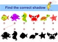 Find correct shadow. Kids educational game. Sea animals Royalty Free Stock Photo