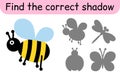 Find the correct shadow. Kids game. Educational matching game for children. Insect theme Royalty Free Stock Photo