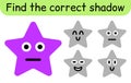 Find the correct shadow. Kids game. Educational matching game for children. Star theme